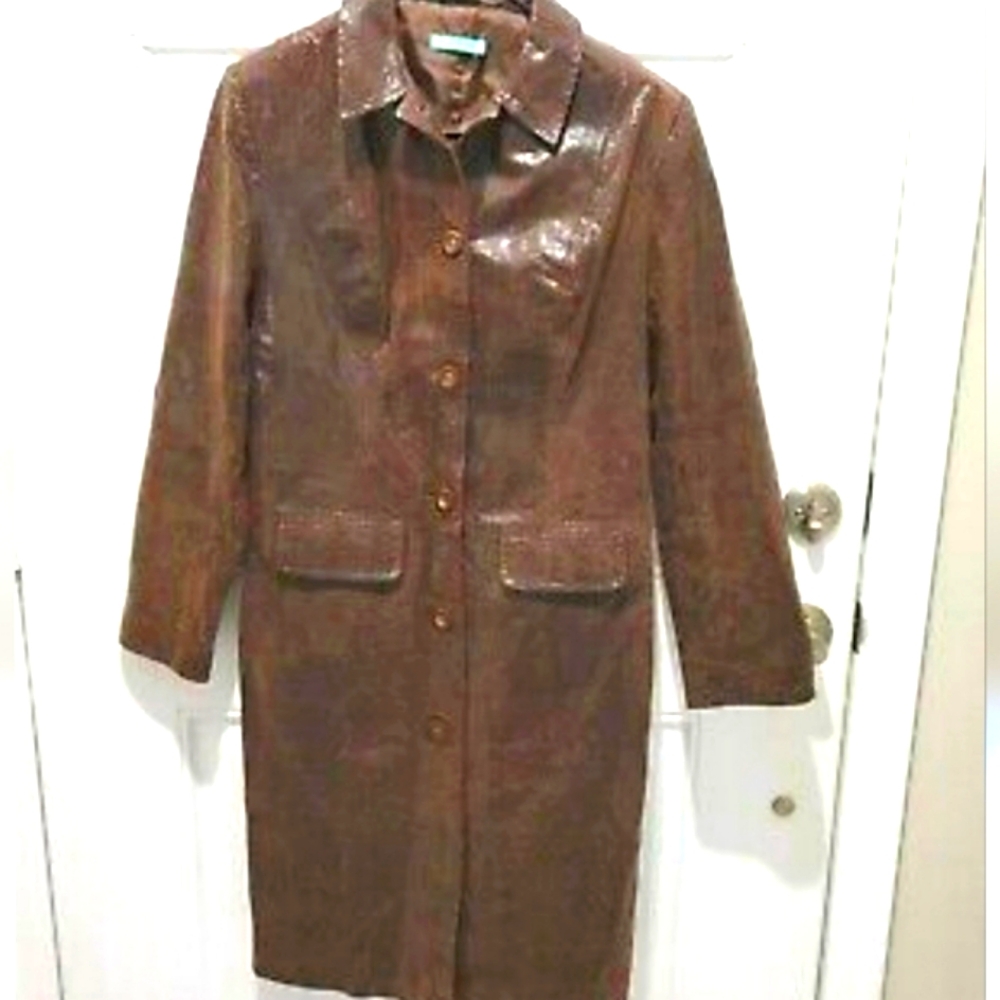 Brown Leather Knee Length Coat in Reptile Pattern Therapy Size 10